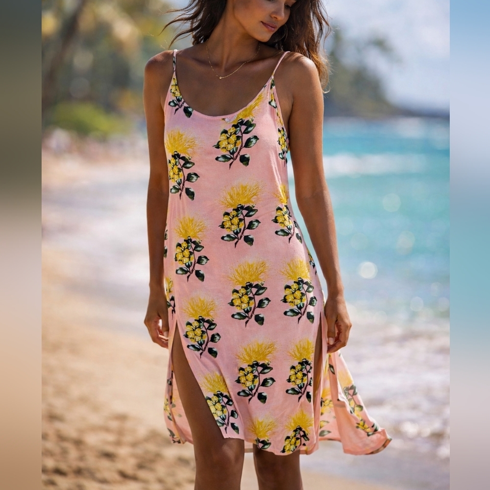 Alohiwai Women’s Pink Floral Slip Dress with Yellow Bloom Print